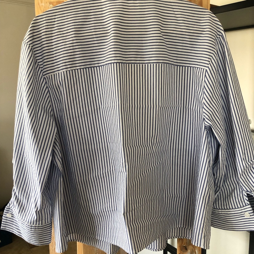 Mango Women's Blue and White Striped Button-Down Shirt